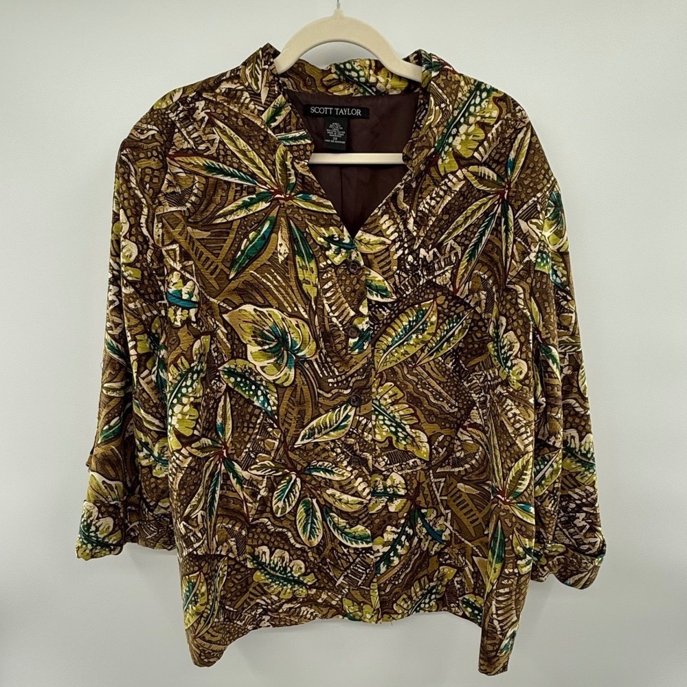 Scott Taylor Silk Blend Tropical Print Blouse 2X Plus Button Front